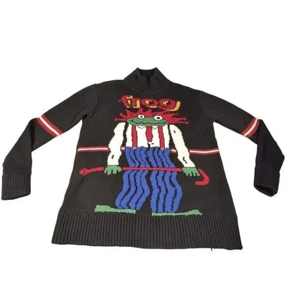 RARE 90s Ms AND Dn Frog‎ Sweater Vintage Kawaii Mock Neck Cartoon Knit Japan UNI